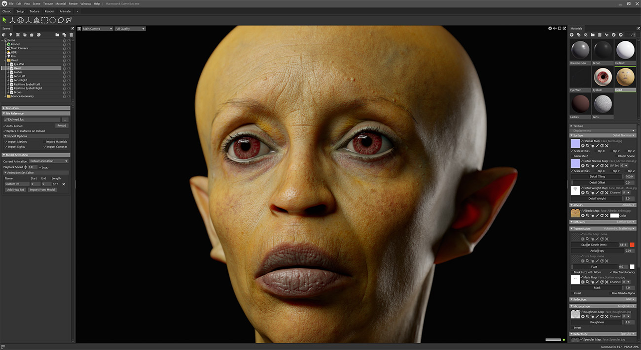Marmoset Toolbag Render Scene with skin shader and lighting